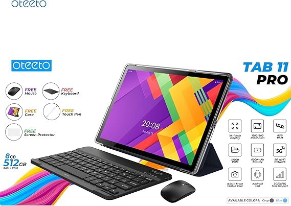 Oteeto TAB 11 Pro Tablet/10.1 Inch IPS LCD/8GB RAM + 512 GB ROM/5G Network/6000 mAh/8MP Front + 13MP Rear Camera/Octa Core 1.3GHz/Android 13/Includes Keyboard,Touch Pen,Mouse (Gray)