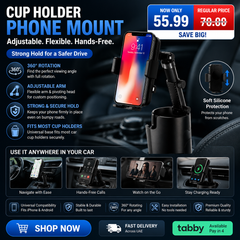 Cup Holder Phone Mount for Car, Adjustable Flexible Arm with Pivoting Head, 360° Rotating Universal Holder for iPhone and Android