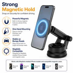 Phone holder with magnetic features and compatibility information on a white background