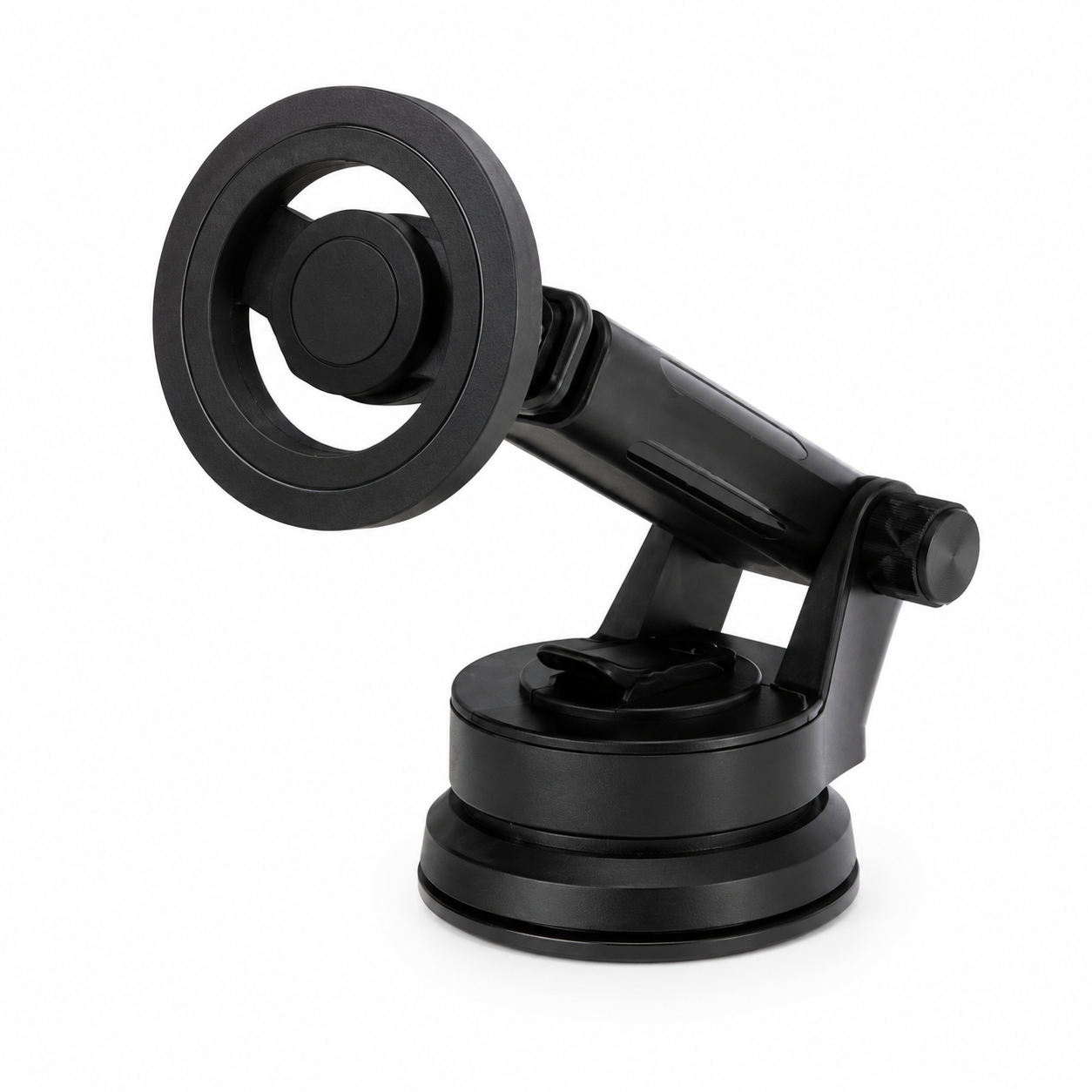 Black phone mount with suction cup on a white background