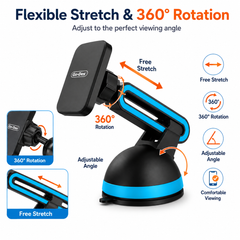 Black and blue phone holder with 360-degree rotation and free stretch features on a white background.