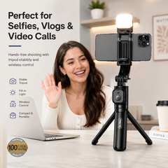 Woman using a smartphone with a tripod and light for video calls, with text highlighting features.
