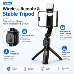 Go-Des wireless remote and stable tripod with features highlighted on a white background