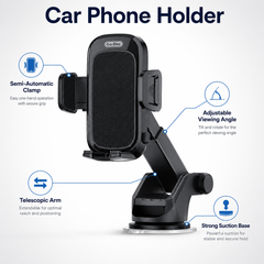 Car phone holder with features highlighted on a white background