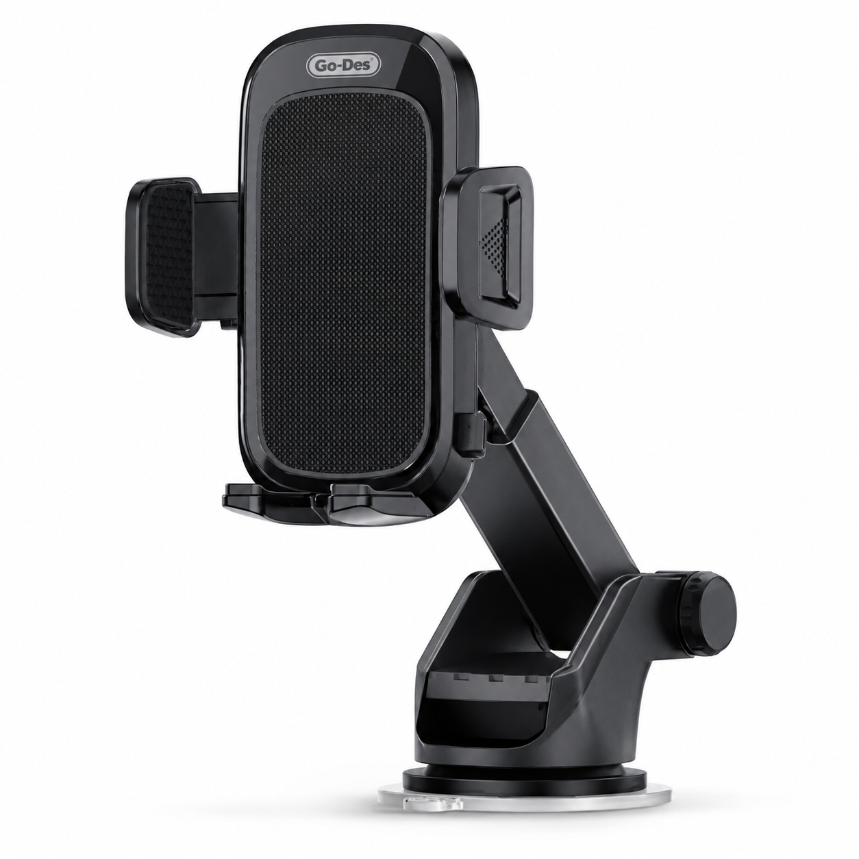 Black car phone holder with GoDes branding on a white background