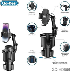 Car Cup Holder and Mobile Holder, (360 Adjustable Rotation) Go-Des Multifunctional Water Cup Holder Adjustable Have Perfect Fit for Different Cars
