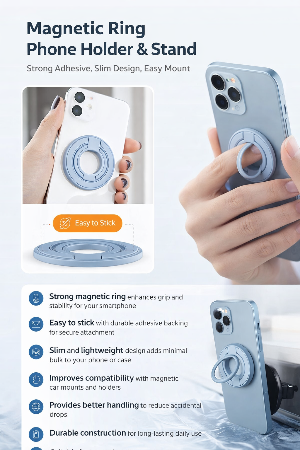 Magnetic Ring Phone Holder & Stand – Strong Adhesive, Slim Design, Easy Mount