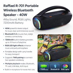 Raffael R-701 Portable Wireless Bluetooth Speaker – 40W мощ Sound, RGB Lights, 7200mAh Battery