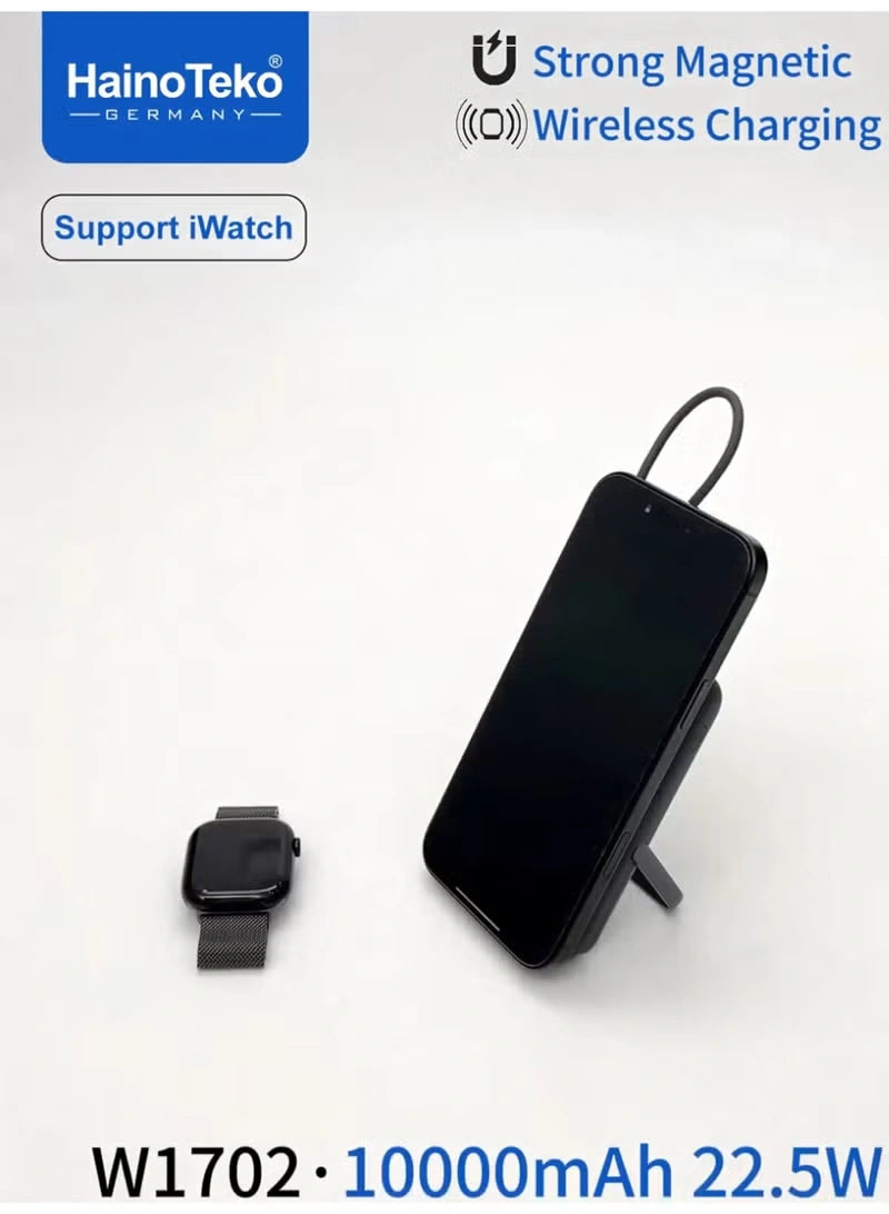 HainoTeko W1702 Ultra-Fast Magnetic Power Bank 10000mAh 22.5W Fast Charging with Built-in Type-C Cable and 15W Wireless Charging Black