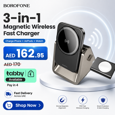 3 in 1 Magnetic Wireless Fast Charger – Wide Charging Dock Compatible with Phone, AirPods & Watch – 15W Max Output – Metal Gray