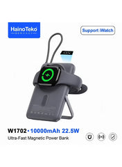 HainoTeko W1702 Ultra-Fast Magnetic Power Bank 10000mAh 22.5W Fast Charging with Built-in Type-C Cable and 15W Wireless Charging Black