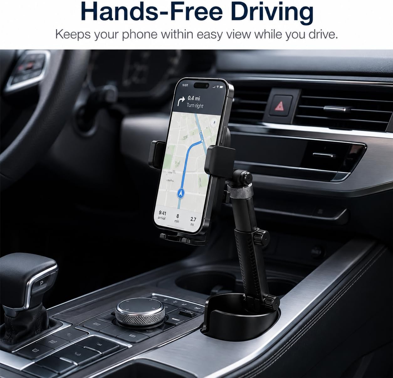 Cup Holder Phone Mount for Car, Adjustable Flexible Arm with Pivoting Head, 360° Rotating Universal Holder for iPhone and Android