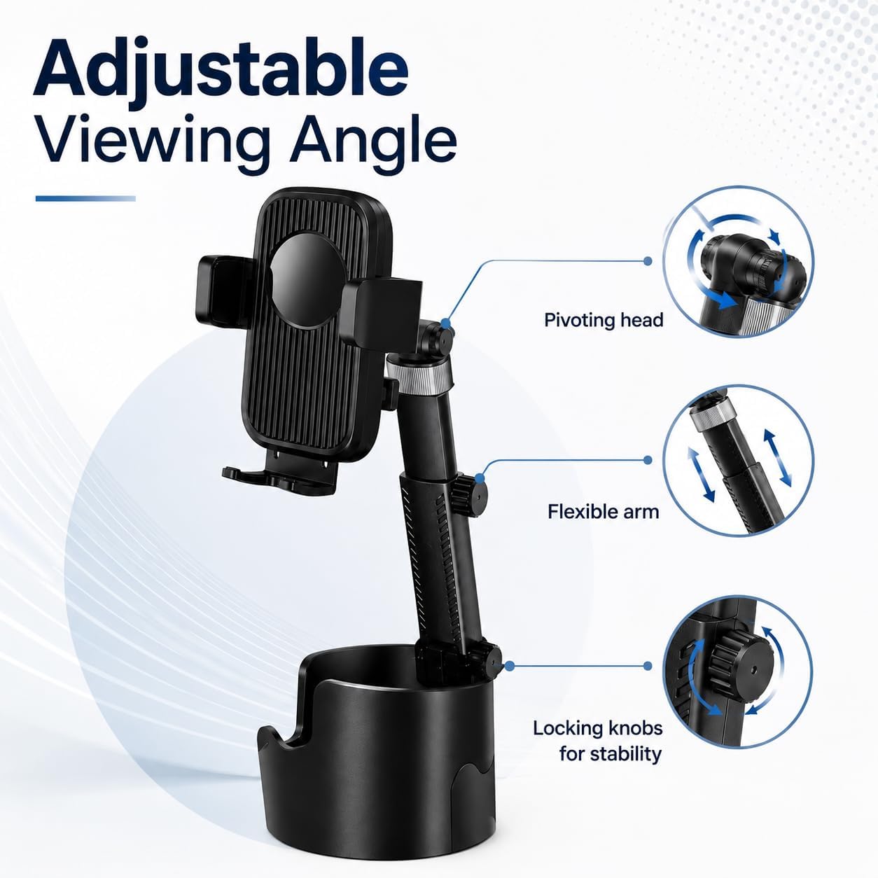 Cup Holder Phone Mount for Car, Adjustable Flexible Arm with Pivoting Head, 360° Rotating Universal Holder for iPhone and Android