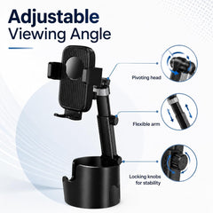 Cup Holder Phone Mount for Car, Adjustable Flexible Arm with Pivoting Head, 360° Rotating Universal Holder for iPhone and Android