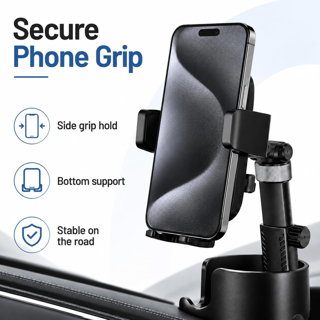 Cup Holder Phone Mount for Car, Adjustable Flexible Arm with Pivoting Head, 360° Rotating Universal Holder for iPhone and Android