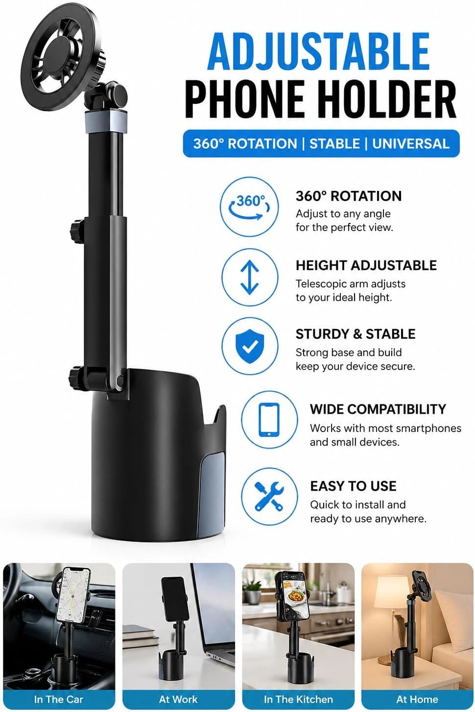 Car Cup Holder Phone Mount Compatible with All Smartphones, Adjustable Extendable Arm, 360° Rotation, Strong Magnetic Hold, Anti-Shake Design