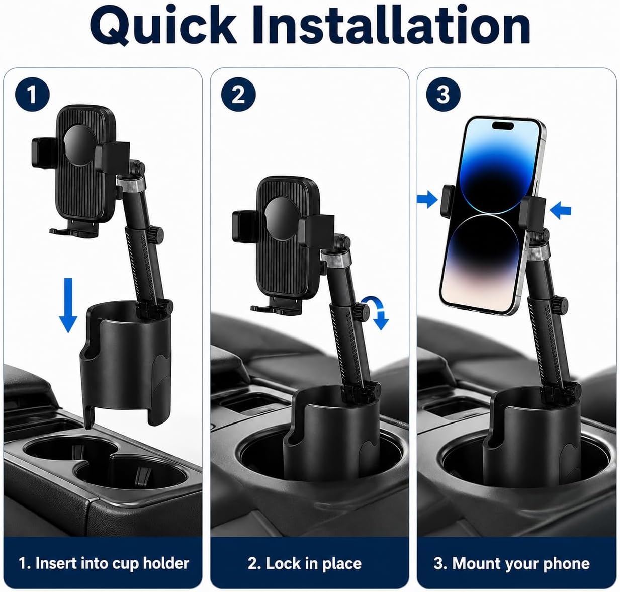 Cup Holder Phone Mount for Car, Adjustable Flexible Arm with Pivoting Head, 360° Rotating Universal Holder for iPhone and Android