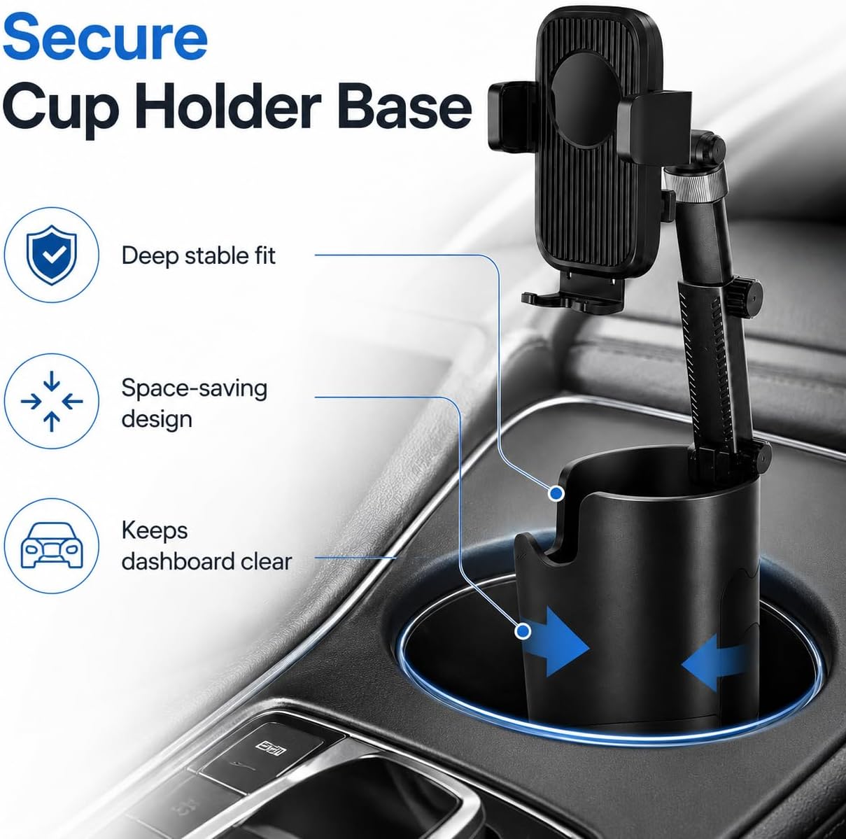 Cup Holder Phone Mount for Car, Adjustable Flexible Arm with Pivoting Head, 360° Rotating Universal Holder for iPhone and Android