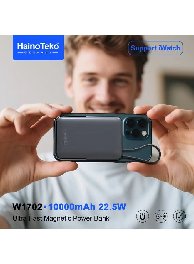 HainoTeko W1702 Ultra-Fast Magnetic Power Bank 10000mAh 22.5W Fast Charging with Built-in Type-C Cable and 15W Wireless Charging Black