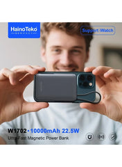 HainoTeko W1702 Ultra-Fast Magnetic Power Bank 10000mAh 22.5W Fast Charging with Built-in Type-C Cable and 15W Wireless Charging Black