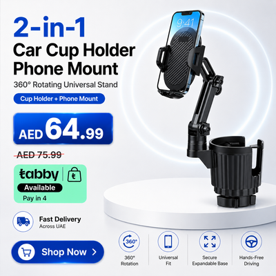 Car Cup Holder Phone Mount, 2-in-1 Universal Stand with Cup Holder Expander, 360° Rotation, Black, ABS Plastic, compatible with iPhone and Android