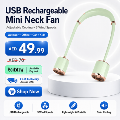 USB Rechargeable Mini Neck Fan – Adjustable Cooling Fan with 3 Wind Speeds, Lightweight & Portable, Ideal for Outdoor Activities, Office, Car, and Children