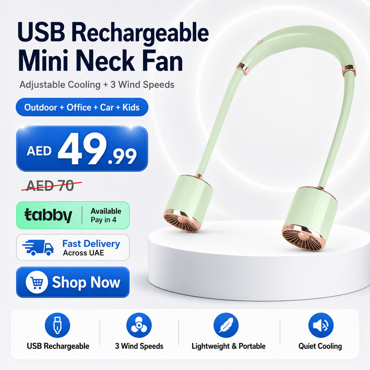 USB Rechargeable Mini Neck Fan – Adjustable Cooling Fan with 3 Wind Speeds, Lightweight & Portable, Ideal for Outdoor Activities, Office, Car, and Children