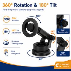 Black car mount with 360-degree rotation and 180-degree tilt features on a white background.