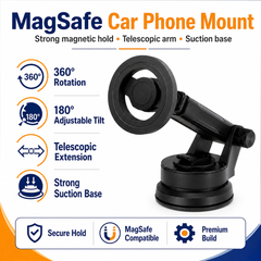 MagSafe car phone mount with features listed on a white background
