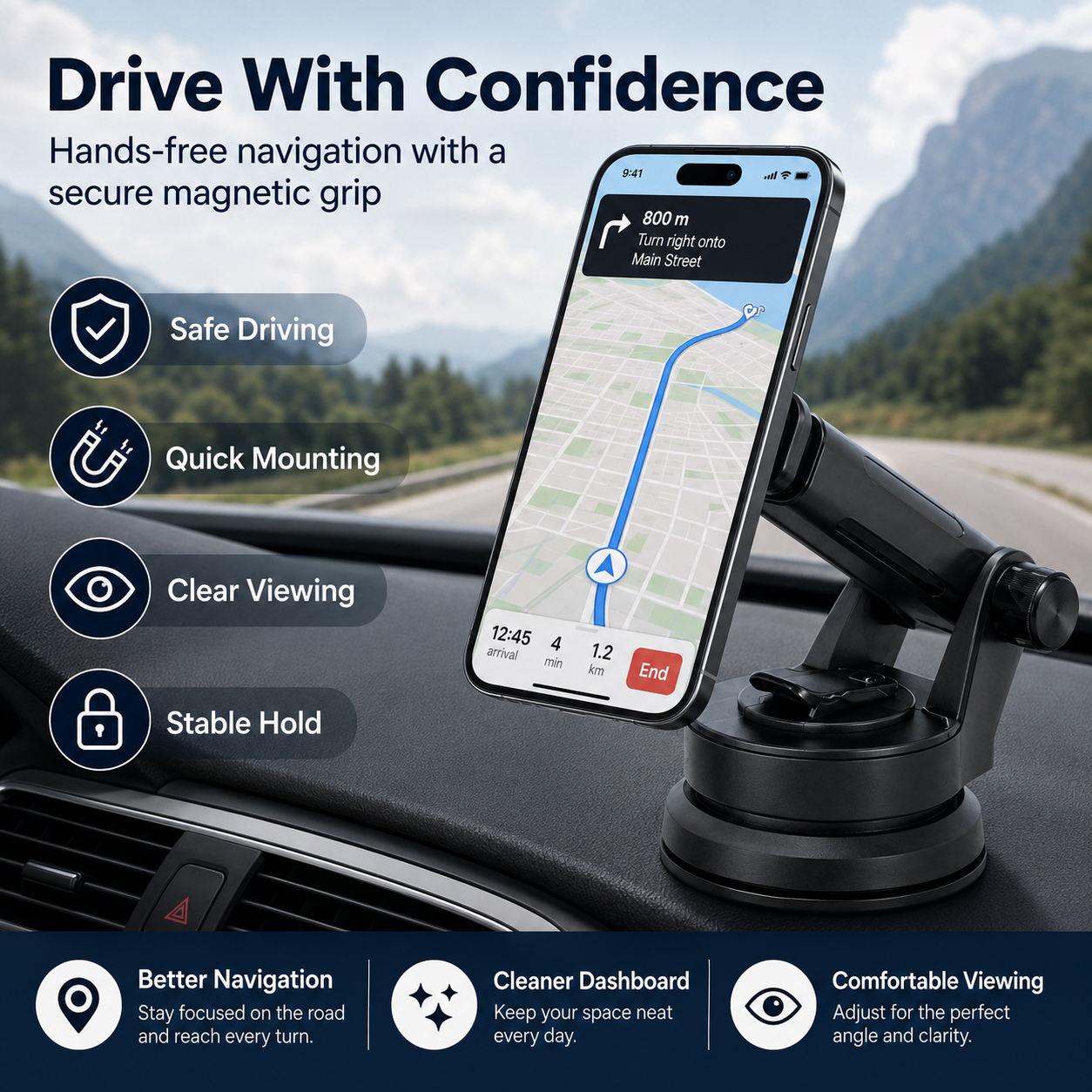 Phone mount with smartphone displaying navigation app on car dashboard, mountain background