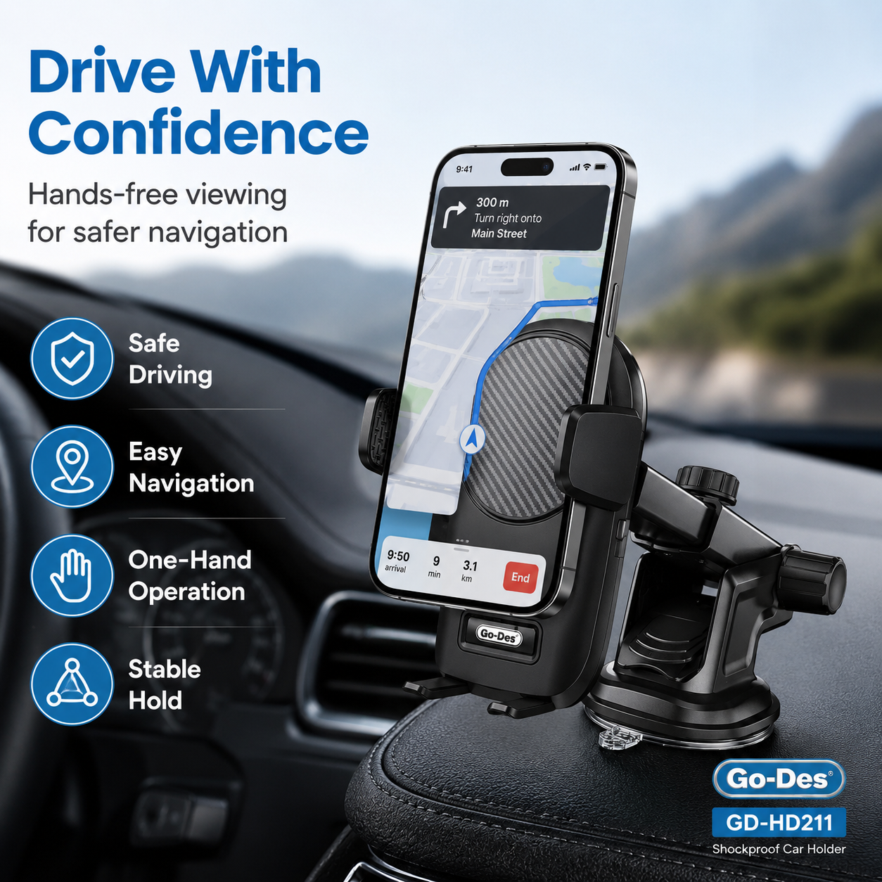 Black car phone holder with carbon fiber texture on a white background