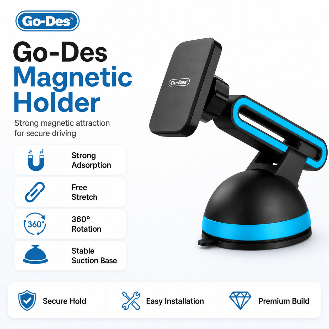 Go-Des magnetic phone holder with features listed on a white background