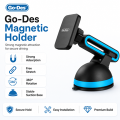 Go-Des magnetic phone holder with features listed on a white background