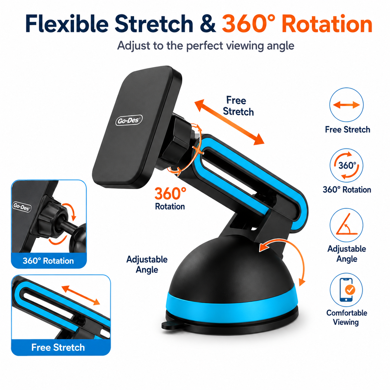 Black and blue phone holder with 360-degree rotation and free stretch features on a white background.