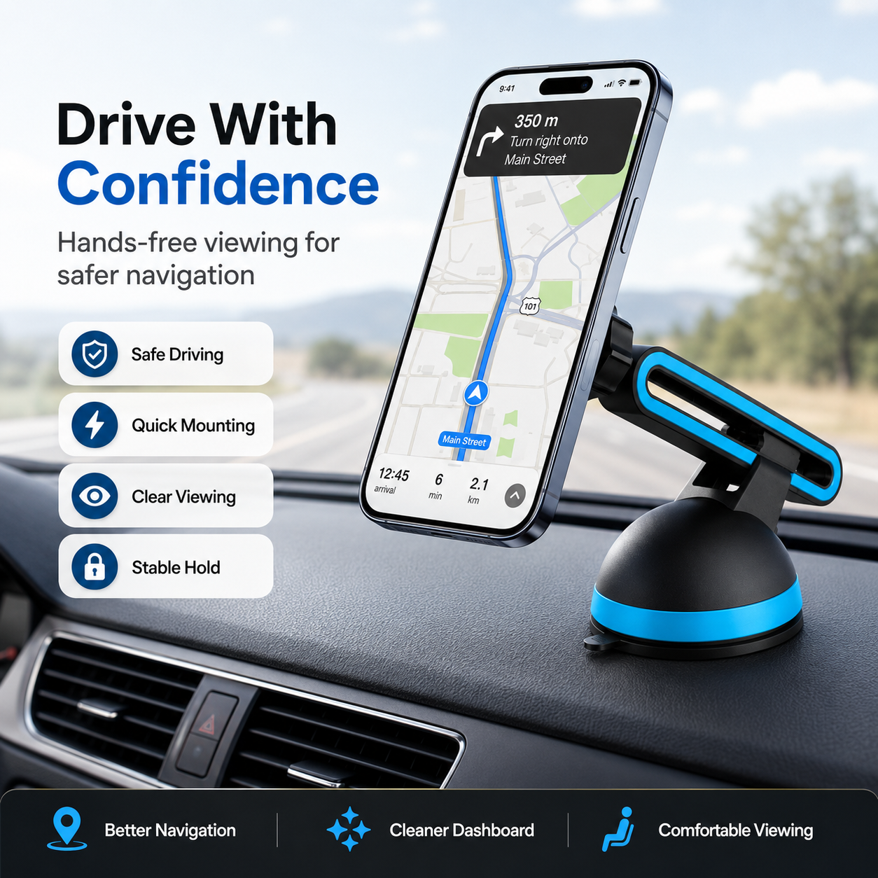 Car phone mount with smartphone displaying navigation app, set against a blurred car interior background.