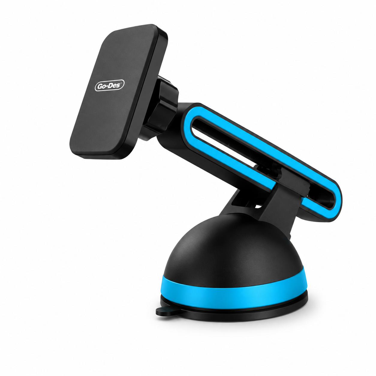 Black and blue car phone holder with GoDetic branding on a white background