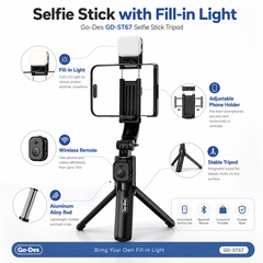 Go-Des GD-ST67 selfie stick tripod with fill-in light on a white background