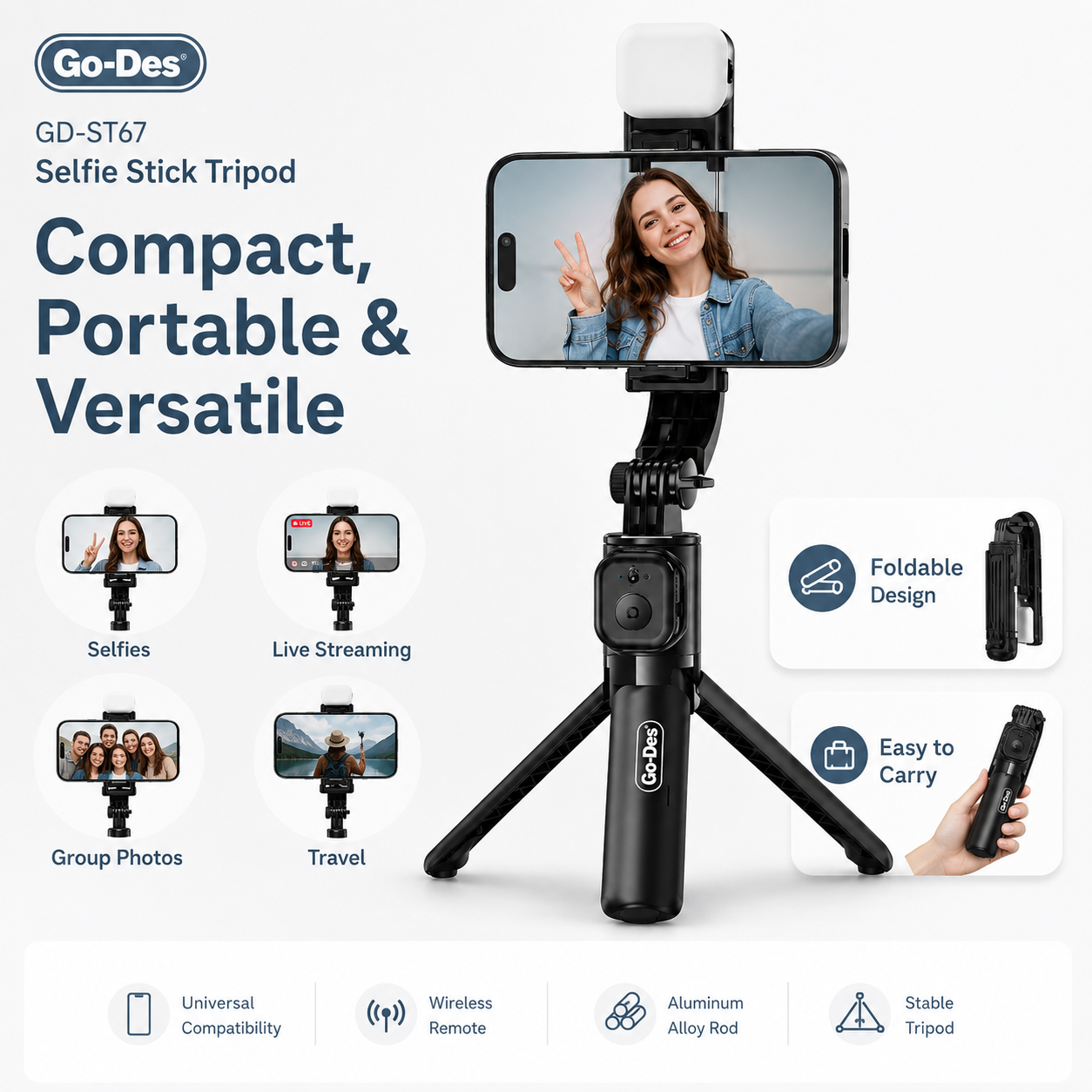 Go-Des GD-ST67 Selfie Stick Tripod with smartphone holder and features listed on a white background