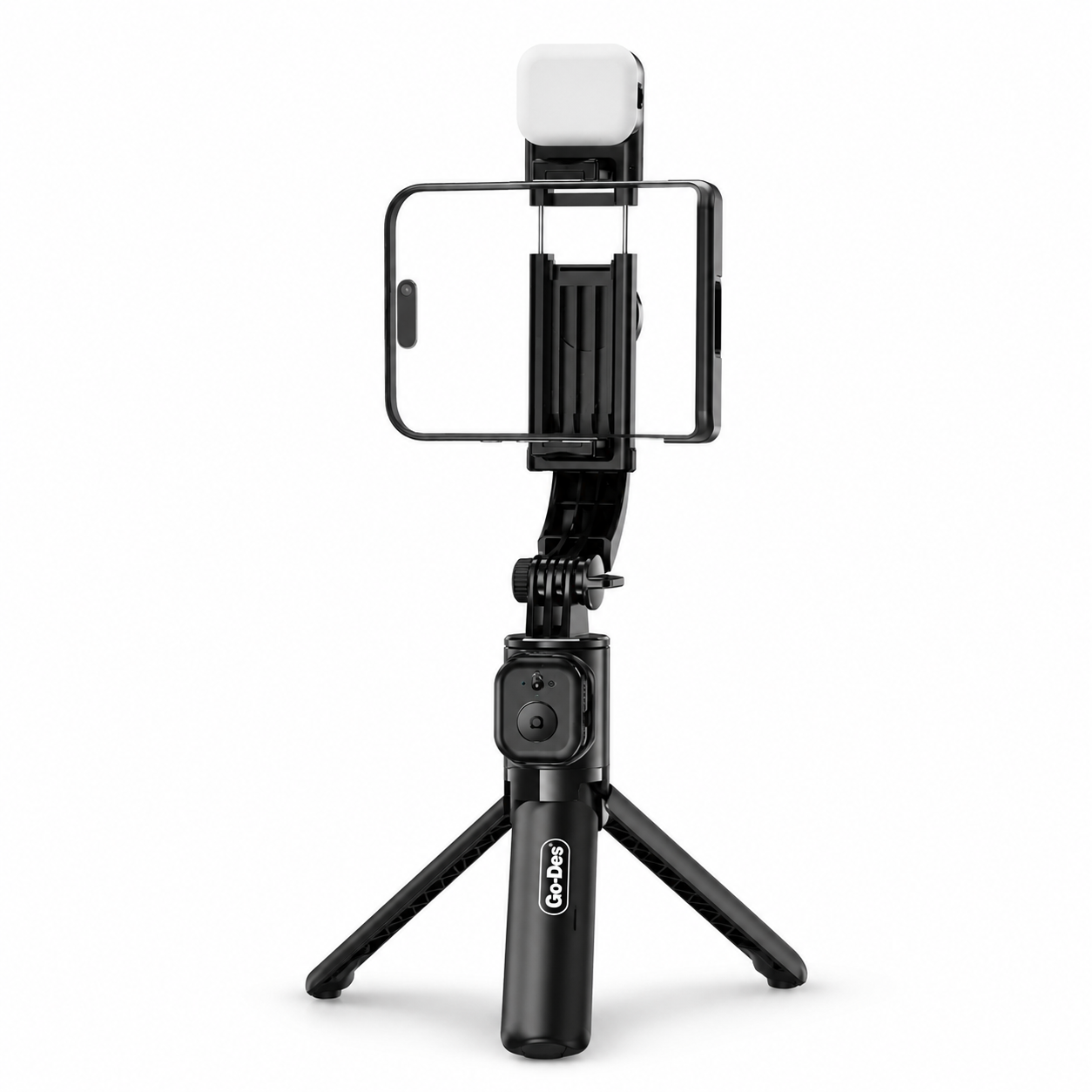 Black smartphone holder with tripod and light on a white background