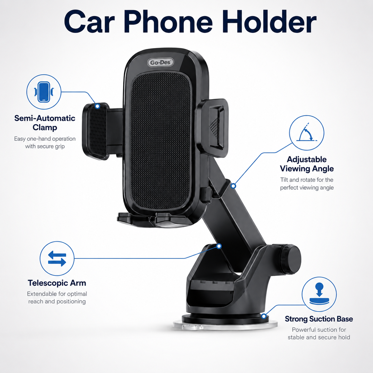 Car phone holder with features highlighted on a white background