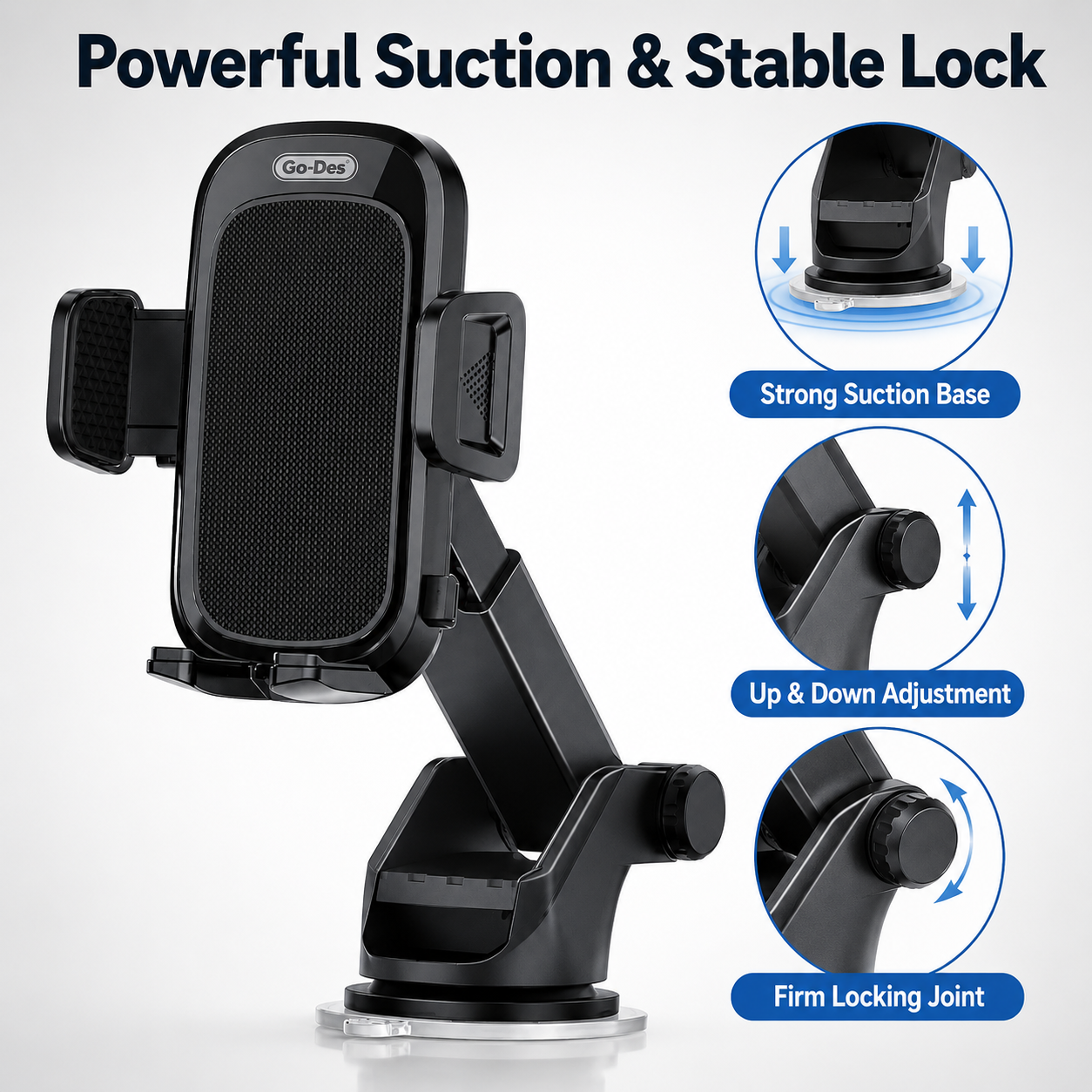 Go-Des Telescopic Car Phone Holder with Strong Suction Base, 360° Adjustable Dashboard & Windshield Mount