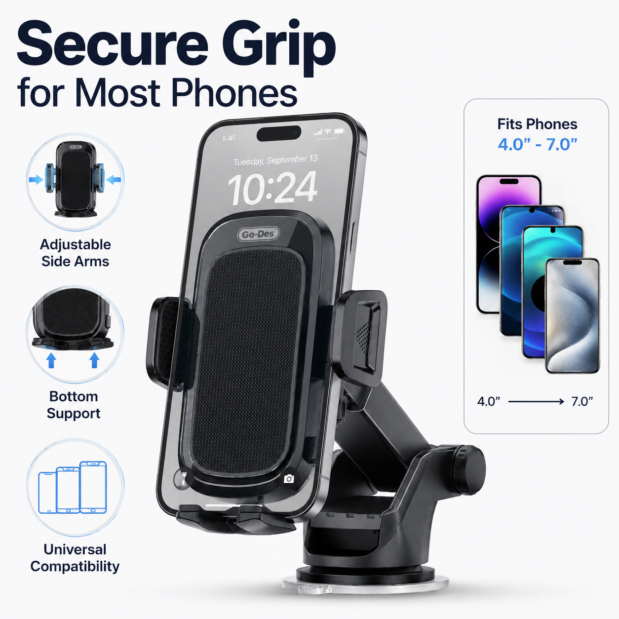 Phone holder with adjustable side arms and bottom support, featuring text 'Secure Grip for Most Phones' on a white background.