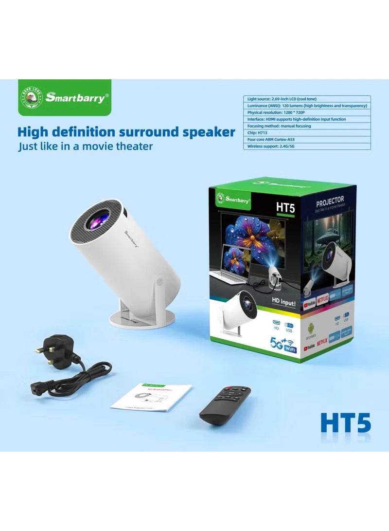 Smartbarry HT5 Mini Projector, 1080P, 4K Support, WiFi, Bluetooth, Android