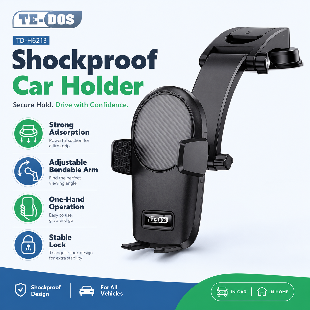 Tedos Shockproof Car Phone Holder with Strong Suction, Adjustable Arm & One-Hand Operation