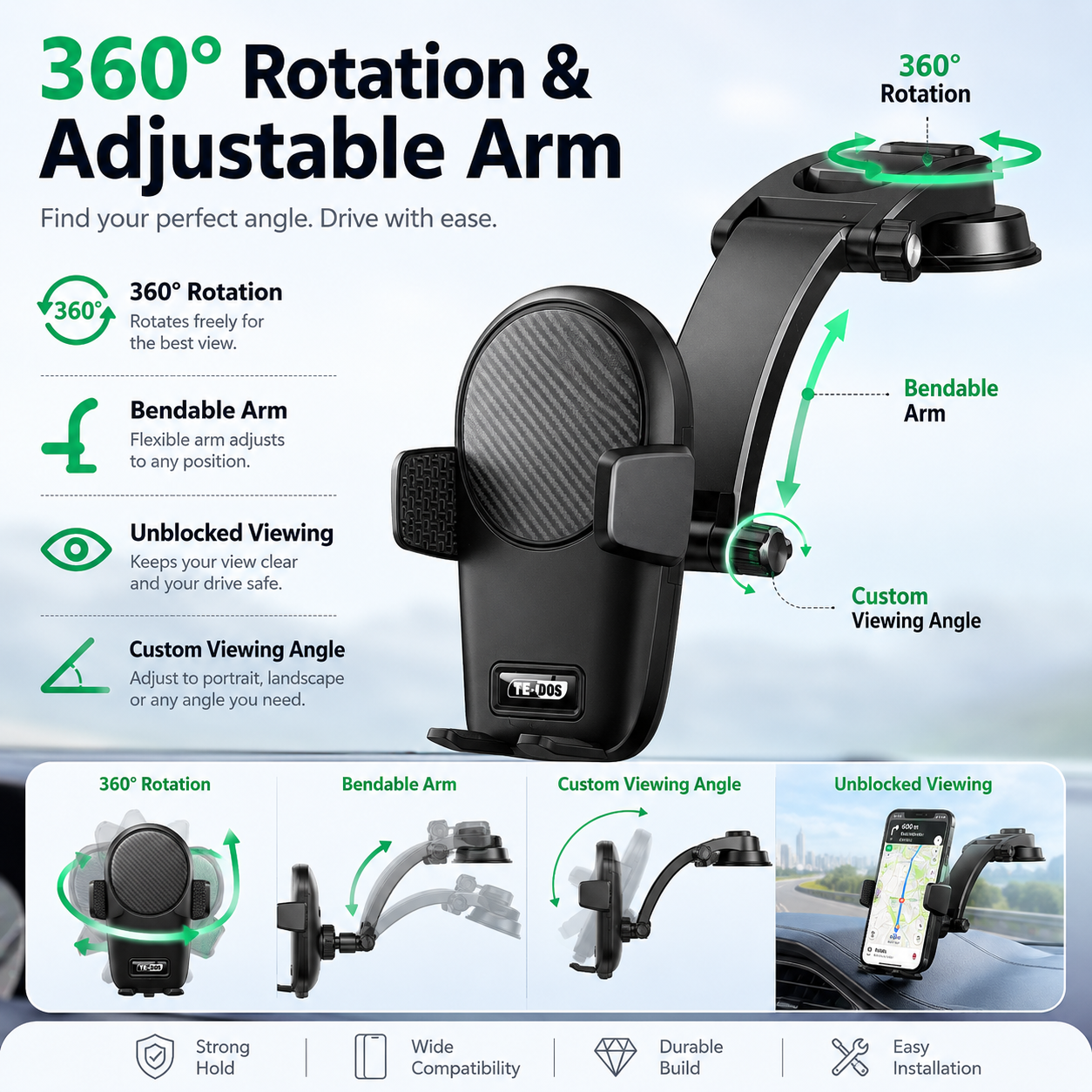 Tedos Shockproof Car Phone Holder with Strong Suction, Adjustable Arm & One-Hand Operation