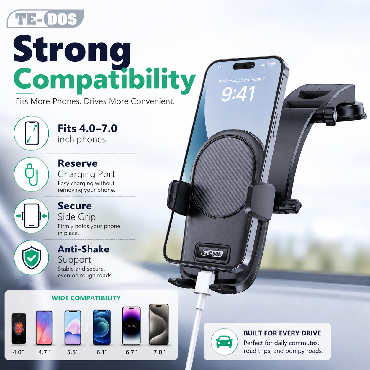 Tedos Shockproof Car Phone Holder with Strong Suction, Adjustable Arm & One-Hand Operation