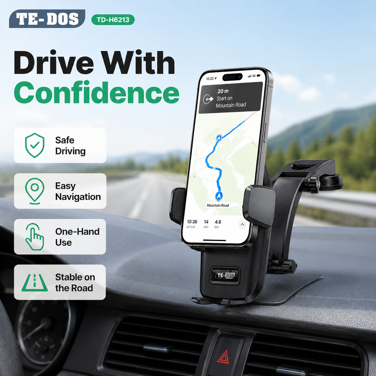 Tedos Shockproof Car Phone Holder with Strong Suction, Adjustable Arm & One-Hand Operation