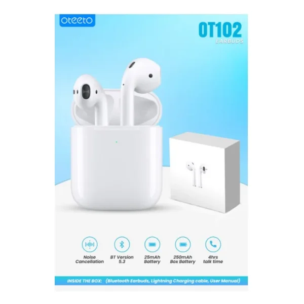 Oteeto OT102 Wireless Bluetooth Earbuds with Noise Cancellation, Bluetooth 5.3, 25mAh Battery & 250mAh Charging Case