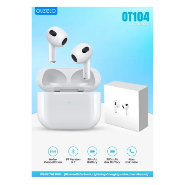 OTEETO OT104 Wireless Bluetooth Earbuds – Bluetooth 5.3, Noise Cancellation, 30mAh Battery, 300mAh Charging Case, 4 Hours Talk Time