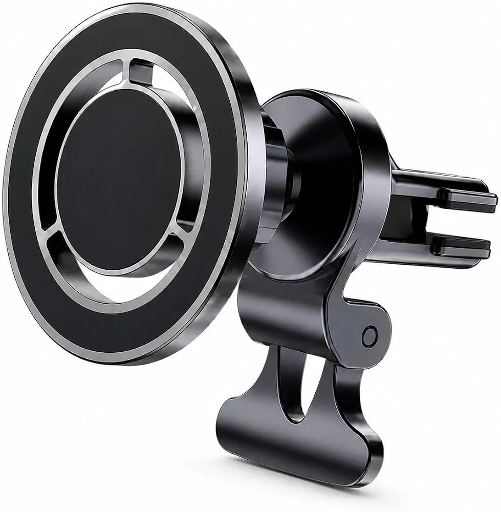 black magnetic car phone holder with 360° rotating head and air vent clip